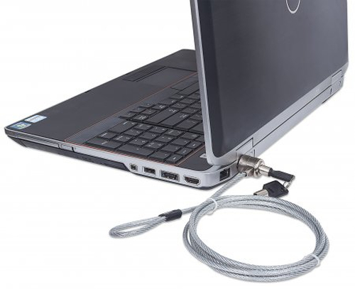 Manhattan Laptopslot (Kensington) met 2 sleutels, compatibel met standaard Kensington-slot, kabel van 1,5 m, diefstalbeveiliging, stalen kabel met transparante PVC-coating, levenslange garantie