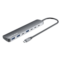 Manhattan USB-C dock/hub, poorten (7): USB-A (3×) en USB-C (4×), met Power Delivery (PD) 100 W - vereist een externe USB-C-lader (niet inbegrepen). USB-gevoed (geen externe voeding vereist) wanneer PD niet wordt gebruikt, aluminium