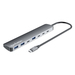 Manhattan USB-C dock/hub, poorten (7): USB-A (3×) en USB-C (4×), met Power Delivery (PD) 100 W - vereist een externe USB-C-lader (niet inbegrepen). USB-gevoed (geen externe voeding vereist) wanneer PD niet wordt gebruikt, aluminium
