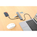 Manhattan USB-C dock/hub, poorten (7): USB-A (3×) en USB-C (4×), met Power Delivery (PD) 100 W - vereist een externe USB-C-lader (niet inbegrepen). USB-gevoed (geen externe voeding vereist) wanneer PD niet wordt gebruikt, aluminium