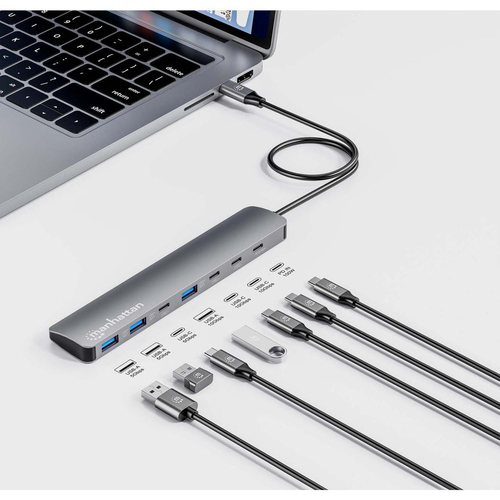 Manhattan USB-C dock/hub, poorten (7): USB-A (3×) en USB-C (4×), met Power Delivery (PD) 100 W - vereist een externe USB-C-lader (niet inbegrepen). USB-gevoed (geen externe voeding vereist) wanneer PD niet wordt gebruikt, aluminium