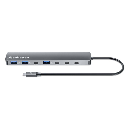 Manhattan USB-C dock/hub, poorten (7): USB-A (3×) en USB-C (4×), met Power Delivery (PD) 100 W - vereist een externe USB-C-lader (niet inbegrepen). USB-gevoed (geen externe voeding vereist) wanneer PD niet wordt gebruikt, aluminium