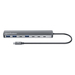 Manhattan USB-C dock/hub, poorten (7): USB-A (3×) en USB-C (4×), met Power Delivery (PD) 100 W - vereist een externe USB-C-lader (niet inbegrepen). USB-gevoed (geen externe voeding vereist) wanneer PD niet wordt gebruikt, aluminium