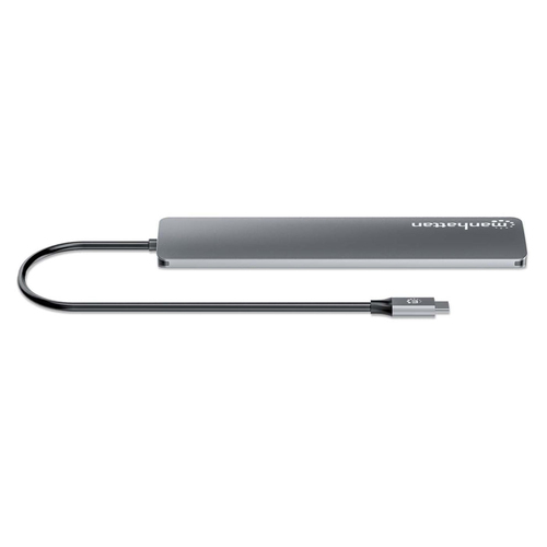 Manhattan USB-C dock/hub, poorten (7): USB-A (3×) en USB-C (4×), met Power Delivery (PD) 100 W - vereist een externe USB-C-lader (niet inbegrepen). USB-gevoed (geen externe voeding vereist) wanneer PD niet wordt gebruikt, aluminium