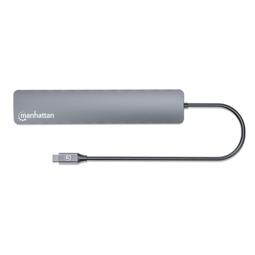 Manhattan USB-C dock/hub, poorten (7): USB-A (3×) en USB-C (4×), met Power Delivery (PD) 100 W - vereist een externe USB-C-lader (niet inbegrepen). USB-gevoed (geen externe voeding vereist) wanneer PD niet wordt gebruikt, aluminium