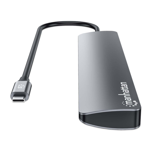Manhattan USB-C dock/hub, poorten (7): USB-A (3×) en USB-C (4×), met Power Delivery (PD) 100 W - vereist een externe USB-C-lader (niet inbegrepen). USB-gevoed (geen externe voeding vereist) wanneer PD niet wordt gebruikt, aluminium