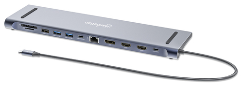 Manhattan USB-C dock/hub met kaartlezer, poorten (10): 3,5 mm audio, DisplayPort, Ethernet, HDMI (2×), USB-A (3×) en USB-C (2×), met PD 100W -vereist een externe USB-C-lader (niet inbegrepen). USB-gevoed (geen externe voeding vereist) wanneer PD niet wordt gebruikt