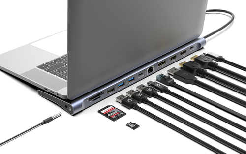 Manhattan USB-C dock/hub met kaartlezer, poorten (10): 3,5 mm audio, DisplayPort, Ethernet, HDMI (2×), USB-A (3×) en USB-C (2×), met PD 100W -vereist een externe USB-C-lader (niet inbegrepen). USB-gevoed (geen externe voeding vereist) wanneer PD niet wordt gebruikt