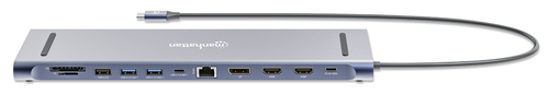 Manhattan USB-C dock/hub met kaartlezer, poorten (10): 3,5 mm audio, DisplayPort, Ethernet, HDMI (2×), USB-A (3×) en USB-C (2×), met PD 100W -vereist een externe USB-C-lader (niet inbegrepen). USB-gevoed (geen externe voeding vereist) wanneer PD niet wordt gebruikt