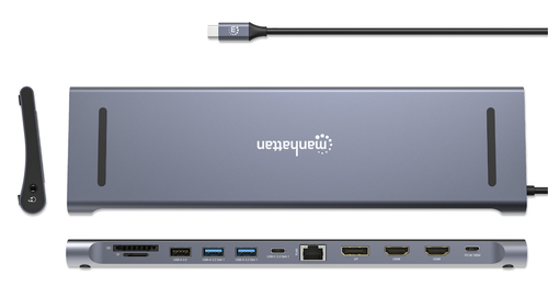 Manhattan USB-C dock/hub met kaartlezer, poorten (10): 3,5 mm audio, DisplayPort, Ethernet, HDMI (2×), USB-A (3×) en USB-C (2×), met PD 100W -vereist een externe USB-C-lader (niet inbegrepen). USB-gevoed (geen externe voeding vereist) wanneer PD niet wordt gebruikt