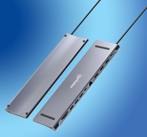Manhattan USB-C dock/hub met kaartlezer, poorten (10): 3,5 mm audio, DisplayPort, Ethernet, HDMI (2×), USB-A (3×) en USB-C (2×), met PD 100W -vereist een externe USB-C-lader (niet inbegrepen). USB-gevoed (geen externe voeding vereist) wanneer PD niet wordt gebruikt