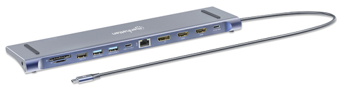 Manhattan USB-C dock/hub met kaartlezer, poorten (10): 3,5 mm audio, DisplayPort, Ethernet, HDMI (2×), USB-A (3×) en USB-C (2×), met PD 100W -vereist een externe USB-C-lader (niet inbegrepen). USB-gevoed (geen externe voeding vereist) wanneer PD niet wordt gebruikt