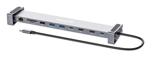 Manhattan USB-C dock/hub met kaartlezer en MST, poorten (7): Ethernet, HDMI (2× 4K@60Hz), USB-A (3×) en USB-C, met Power Delivery (PD) 100W - vereist een externe USB-C-lader (niet inbegrepen). USB-gevoed (geen externe voeding vereist) wanneer PD niet wordt gebruikt