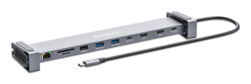 Manhattan USB-C dock/hub met kaartlezer en MST, poorten (7): Ethernet, HDMI (2× 4K@60Hz), USB-A (3×) en USB-C, met Power Delivery (PD) 100W - vereist een externe USB-C-lader (niet inbegrepen). USB-gevoed (geen externe voeding vereist) wanneer PD niet wordt gebruikt