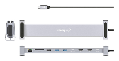 Manhattan USB-C dock/hub met kaartlezer en MST, poorten (7): Ethernet, HDMI (2× 4K@60Hz), USB-A (3×) en USB-C, met Power Delivery (PD) 100W - vereist een externe USB-C-lader (niet inbegrepen). USB-gevoed (geen externe voeding vereist) wanneer PD niet wordt gebruikt
