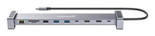 Manhattan USB-C dock/hub met kaartlezer en MST, poorten (7): Ethernet, HDMI (2× 4K@60Hz), USB-A (3×) en USB-C, met Power Delivery (PD) 100W - vereist een externe USB-C-lader (niet inbegrepen). USB-gevoed (geen externe voeding vereist) wanneer PD niet wordt gebruikt