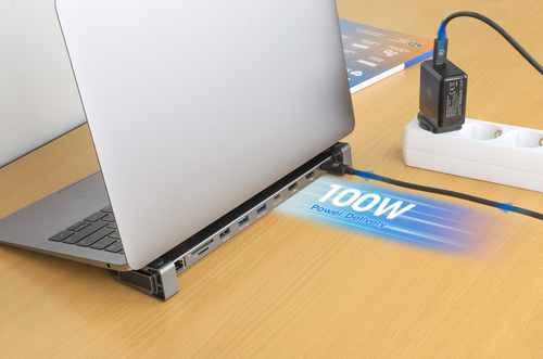 Manhattan USB-C dock/hub met kaartlezer en MST, poorten (7): Ethernet, HDMI (2× 4K@60Hz), USB-A (3×) en USB-C, met Power Delivery (PD) 100W - vereist een externe USB-C-lader (niet inbegrepen). USB-gevoed (geen externe voeding vereist) wanneer PD niet wordt gebruikt