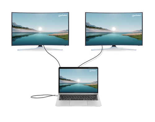 Manhattan USB-C dock/hub met kaartlezer en MST, poorten (7): Ethernet, HDMI (2× 4K@60Hz), USB-A (3×) en USB-C, met Power Delivery (PD) 100W - vereist een externe USB-C-lader (niet inbegrepen). USB-gevoed (geen externe voeding vereist) wanneer PD niet wordt gebruikt