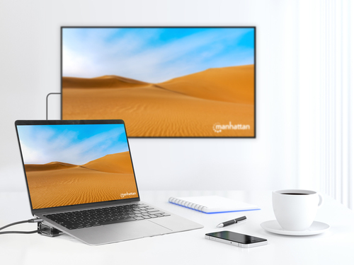 Manhattan USB-C dock/hub met kaartlezer en MST, poorten (7): Ethernet, HDMI (2× 4K@60Hz), USB-A (3×) en USB-C, met Power Delivery (PD) 100W - vereist een externe USB-C-lader (niet inbegrepen). USB-gevoed (geen externe voeding vereist) wanneer PD niet wordt gebruikt