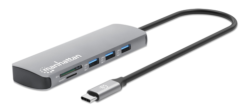 Manhattan USB-C dock/hub met kaartlezer, poorten (7): Ethernet, HDMI, USB-A (3×) en USB-C (2×), met Power Delivery (PD) 100 W - vereist een externe USB-C-lader (niet inbegrepen). USB-gevoed (geen externe voeding vereist) wanneer PD niet wordt gebruikt