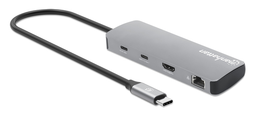 Manhattan USB-C dock/hub met kaartlezer, poorten (7): Ethernet, HDMI, USB-A (3×) en USB-C (2×), met Power Delivery (PD) 100 W - vereist een externe USB-C-lader (niet inbegrepen). USB-gevoed (geen externe voeding vereist) wanneer PD niet wordt gebruikt