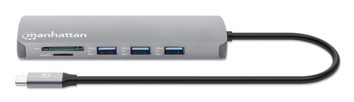 Manhattan USB-C dock/hub met kaartlezer, poorten (7): Ethernet, HDMI, USB-A (3×) en USB-C (2×), met Power Delivery (PD) 100 W - vereist een externe USB-C-lader (niet inbegrepen). USB-gevoed (geen externe voeding vereist) wanneer PD niet wordt gebruikt