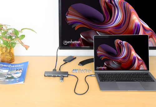Manhattan USB-C dock/hub met kaartlezer, poorten (7): Ethernet, HDMI, USB-A (3×) en USB-C (2×), met Power Delivery (PD) 100 W - vereist een externe USB-C-lader (niet inbegrepen). USB-gevoed (geen externe voeding vereist) wanneer PD niet wordt gebruikt