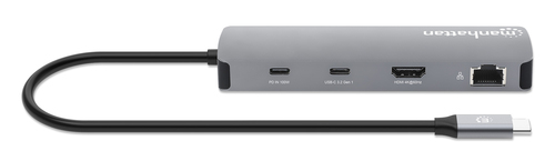Manhattan USB-C dock/hub met kaartlezer, poorten (7): Ethernet, HDMI, USB-A (3×) en USB-C (2×), met Power Delivery (PD) 100 W - vereist een externe USB-C-lader (niet inbegrepen). USB-gevoed (geen externe voeding vereist) wanneer PD niet wordt gebruikt