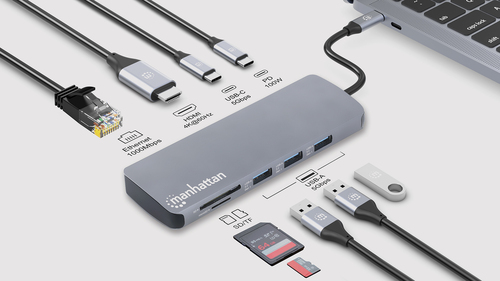 Manhattan USB-C dock/hub met kaartlezer, poorten (7): Ethernet, HDMI, USB-A (3×) en USB-C (2×), met Power Delivery (PD) 100 W - vereist een externe USB-C-lader (niet inbegrepen). USB-gevoed (geen externe voeding vereist) wanneer PD niet wordt gebruikt