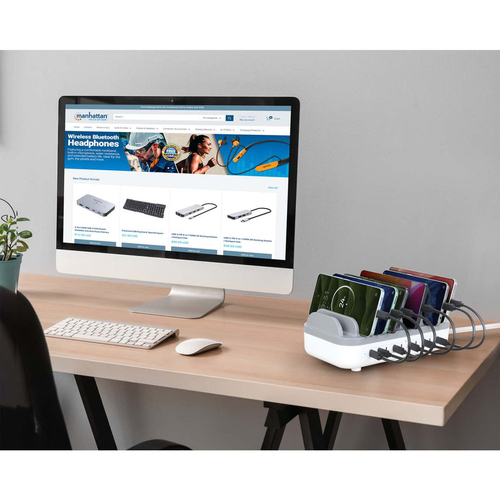 Manhattan USB-C laadstation met 10 poorten, USB-C-uitgang: 10 × 20 W, maximaal vermogen 200 W, netvoeding, inclusief US/EU/UK-adapters