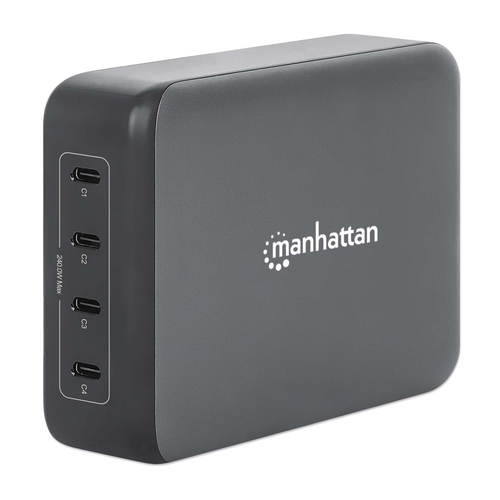 Manhattan GaN USB Power Delivery laadstation met 4 poorten, 240 W / PD 3.1, 4 USB-C PD-poorten tot 140 W per poort, totaal vermogen 240 W, zwart