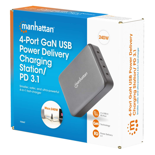 Manhattan GaN USB Power Delivery laadstation met 4 poorten, 240 W / PD 3.1, 4 USB-C PD-poorten tot 140 W per poort, totaal vermogen 240 W, zwart