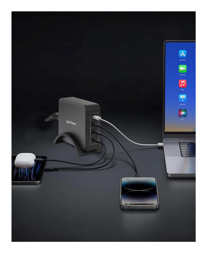 Manhattan GaN USB Power Delivery laadstation met 4 poorten, 240 W / PD 3.1, 4 USB-C PD-poorten tot 140 W per poort, totaal vermogen 240 W, zwart