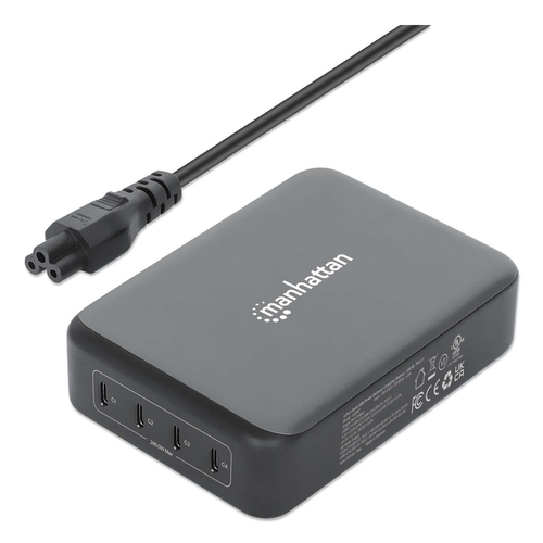 Manhattan GaN USB Power Delivery laadstation met 4 poorten, 240 W / PD 3.1, 4 USB-C PD-poorten tot 140 W per poort, totaal vermogen 240 W, zwart