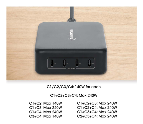 Manhattan GaN USB Power Delivery laadstation met 4 poorten, 240 W / PD 3.1, 4 USB-C PD-poorten tot 140 W per poort, totaal vermogen 240 W, zwart