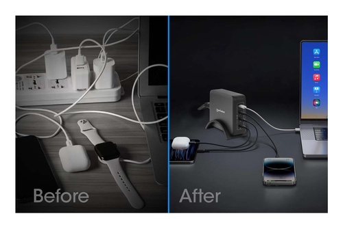 Manhattan GaN USB Power Delivery laadstation met 4 poorten, 240 W / PD 3.1, 4 USB-C PD-poorten tot 140 W per poort, totaal vermogen 240 W, zwart