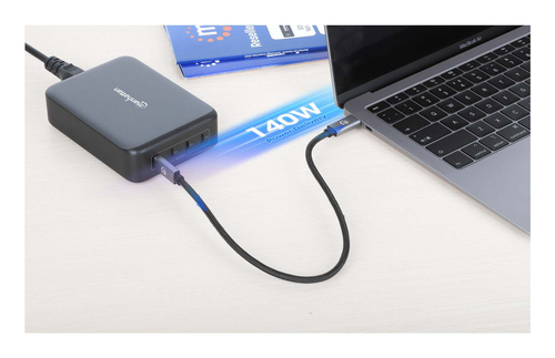 Manhattan GaN USB Power Delivery laadstation met 4 poorten, 240 W / PD 3.1, 4 USB-C PD-poorten tot 140 W per poort, totaal vermogen 240 W, zwart