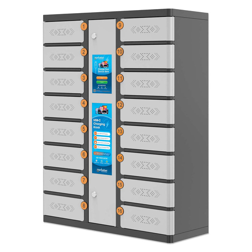 Manhattan Kiosk laadkast USB-C 30W voor iPads 11", 16-vaks (individueel vak - pincode), geschikt voor tablets, smartphones en andere USB-C apparaten, vakken 328x220x100 mm, USB-C kabels inbegrepen, kast, UK & EU