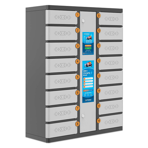 Manhattan Kiosk laadkast USB-C 30W voor iPads 11", 16-vaks (individueel vak - pincode), geschikt voor tablets, smartphones en andere USB-C apparaten, vakken 328x220x100 mm, USB-C kabels inbegrepen, kast, UK & EU