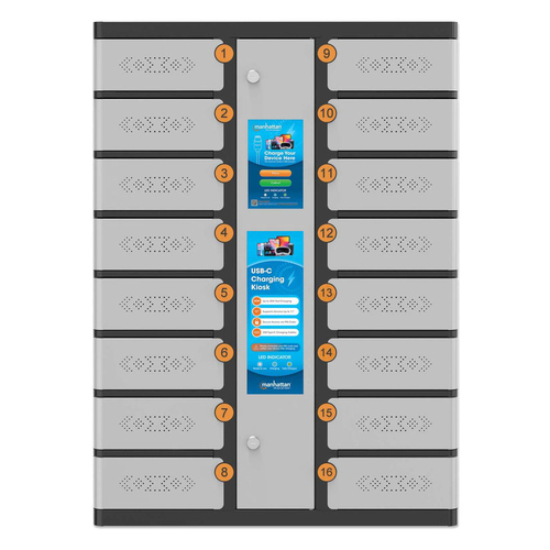 Manhattan Kiosk laadkast USB-C 30W voor iPads 11", 16-vaks (individueel vak - pincode), geschikt voor tablets, smartphones en andere USB-C apparaten, vakken 328x220x100 mm, USB-C kabels inbegrepen, kast, UK & EU