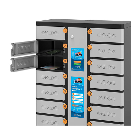 Manhattan Kiosk laadkast USB-C 30W voor iPads 11", 16-vaks (individueel vak - pincode), geschikt voor tablets, smartphones en andere USB-C apparaten, vakken 328x220x100 mm, USB-C kabels inbegrepen, kast, UK & EU