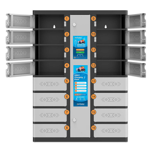 Manhattan Kiosk laadkast USB-C 30W voor iPads 11", 16-vaks (individueel vak - pincode), geschikt voor tablets, smartphones en andere USB-C apparaten, vakken 328x220x100 mm, USB-C kabels inbegrepen, kast, UK & EU