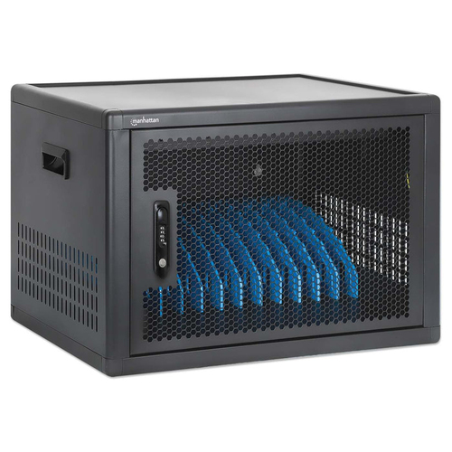Manhattan Laadkast/laadtrolley USB-C 65W voor 12 laptops (tot 16"), geschikt voor laptops, iPads, MacBooks, Chromebooks en andere USB-C apparaten, vakken 395x290x32.5 mm, USB-C laadkabels inbegrepen, afsluitbaar, EU/UK-stroomkabels inbegrepen