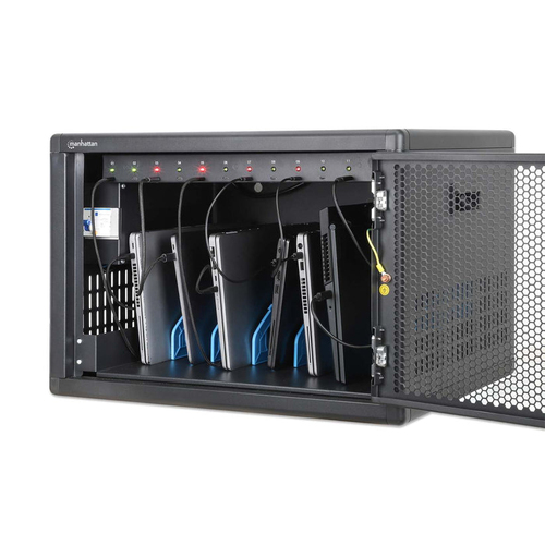 Manhattan Laadkast/laadtrolley USB-C 65W voor 12 laptops (tot 16"), geschikt voor laptops, iPads, MacBooks, Chromebooks en andere USB-C apparaten, vakken 395x290x32.5 mm, USB-C laadkabels inbegrepen, afsluitbaar, EU/UK-stroomkabels inbegrepen