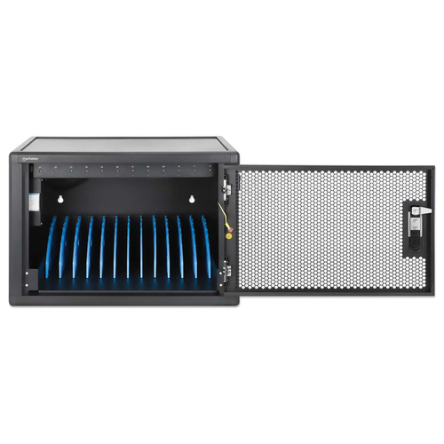 Manhattan Laadkast/laadtrolley USB-C 65W voor 12 laptops (tot 16"), geschikt voor laptops, iPads, MacBooks, Chromebooks en andere USB-C apparaten, vakken 395x290x32.5 mm, USB-C laadkabels inbegrepen, afsluitbaar, EU/UK-stroomkabels inbegrepen