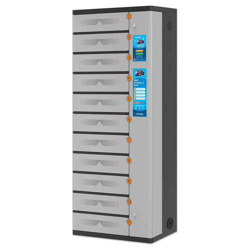 Manhattan Kiosk laadkast USB-C 65W voor laptops (tot 17,3"), 11-vaks (individueel vak - pincode), geschikt voor iPads, MacBooks en andere USB-C apparaten, vakken 448x328x120 mm, USB-C kabels inbegrepen, kast, UK & EU