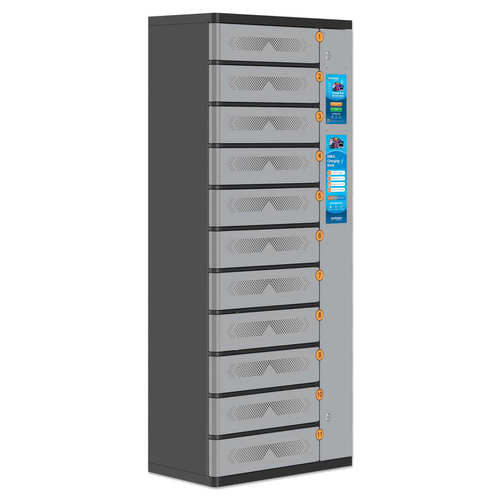 Manhattan Kiosk laadkast USB-C 65W voor laptops (tot 17,3"), 11-vaks (individueel vak - pincode), geschikt voor iPads, MacBooks en andere USB-C apparaten, vakken 448x328x120 mm, USB-C kabels inbegrepen, kast, UK & EU