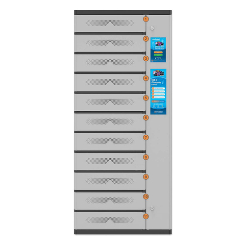 Manhattan Kiosk laadkast USB-C 65W voor laptops (tot 17,3"), 11-vaks (individueel vak - pincode), geschikt voor iPads, MacBooks en andere USB-C apparaten, vakken 448x328x120 mm, USB-C kabels inbegrepen, kast, UK & EU