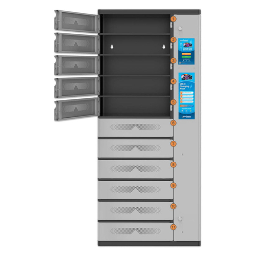 Manhattan Kiosk laadkast USB-C 65W voor laptops (tot 17,3"), 11-vaks (individueel vak - pincode), geschikt voor iPads, MacBooks en andere USB-C apparaten, vakken 448x328x120 mm, USB-C kabels inbegrepen, kast, UK & EU