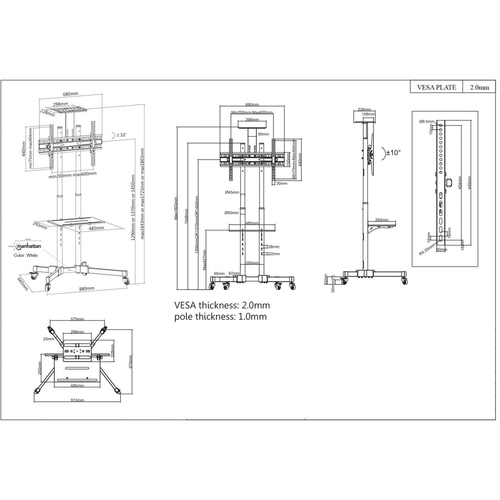 Manhattan Trolley voor TV’s en monitoren, voor schermen 37"–65", VESA-compatibiliteit: van 200x200 tot 600x400 mm (controleer de afmetingen van de vier montagegaten aan de achterzijde), max. 40 kg, zwart